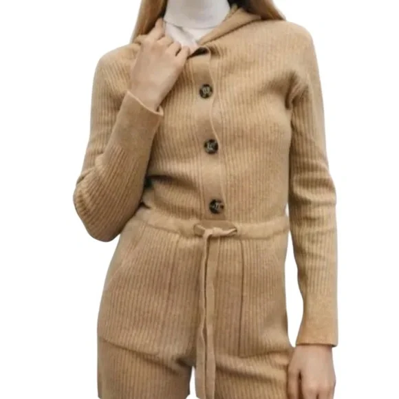 Zara Tan Hooded Shorts Sweater Romper - Picture 2 of 8